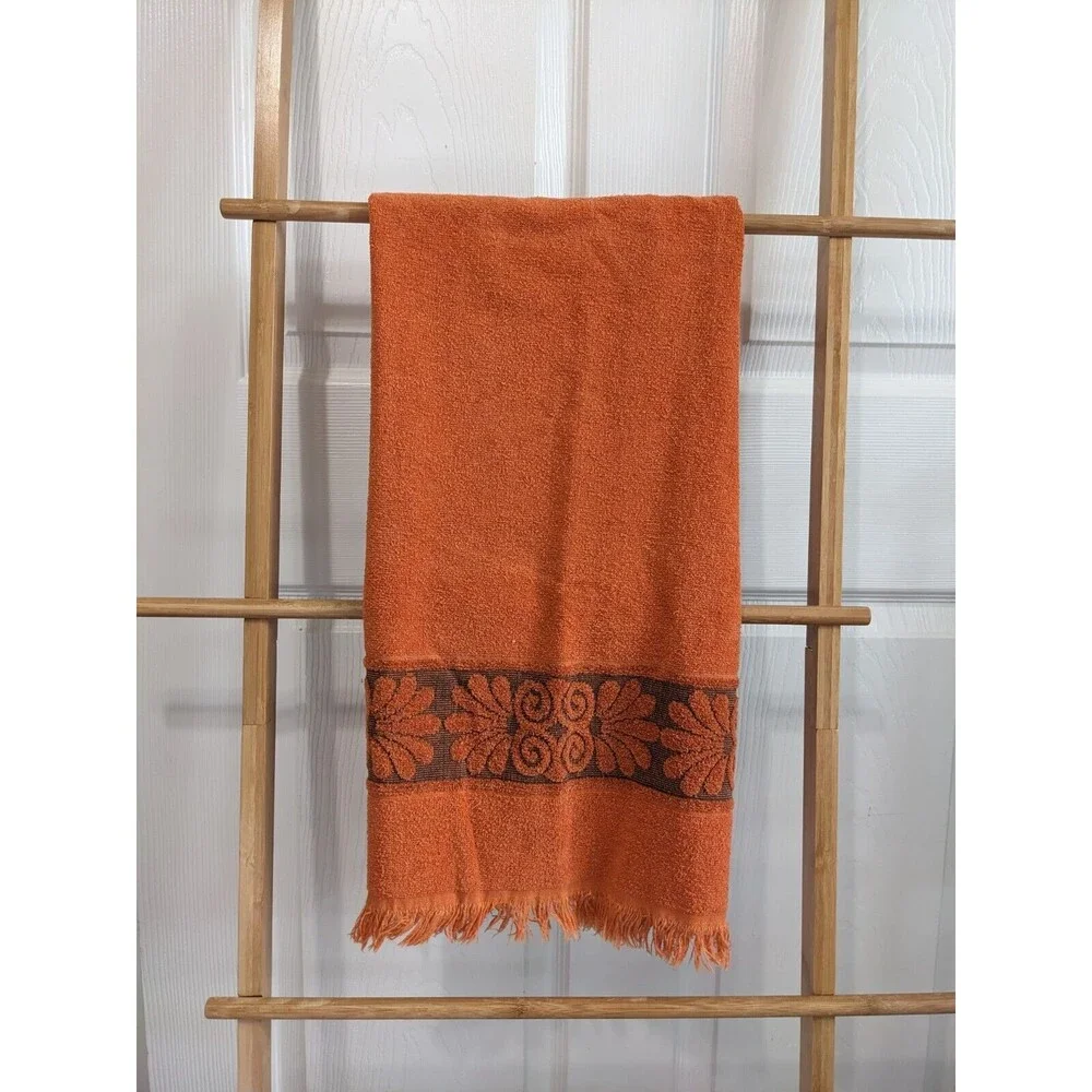 Vintage 70's Cannon Monticello Burnt Orange Sculpted Fringed Bath Towel Set of 3